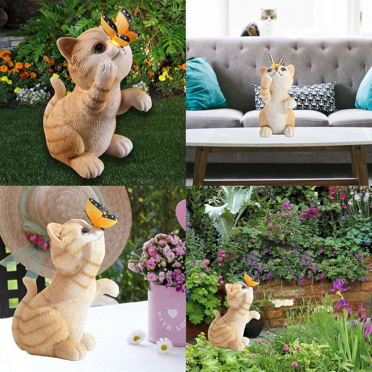 Solar Garden Statue Cute Cat Figurine Fun Color Changing LED Butterfly Light Outdoor Decor