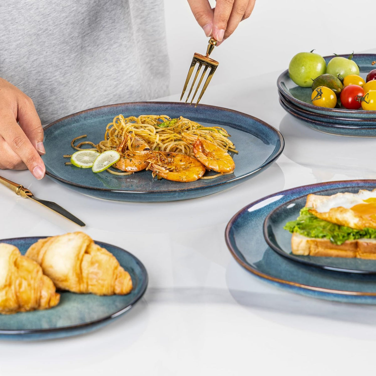 AmorArc Ceramic Dinnerware Sets,Handmade Reactive Glaze Stoneware Plates and Bowls Set,Highly