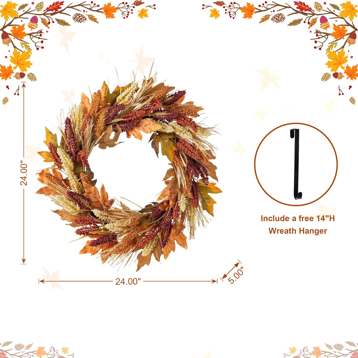 Glitzhome 24" D Fall Sorghum Wreath with Metal Hanger, Harvest Wreath for Front Door, Fall Door