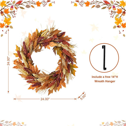 Glitzhome 24" D Fall Sorghum Wreath with Metal Hanger, Harvest Wreath for Front Door, Fall Door