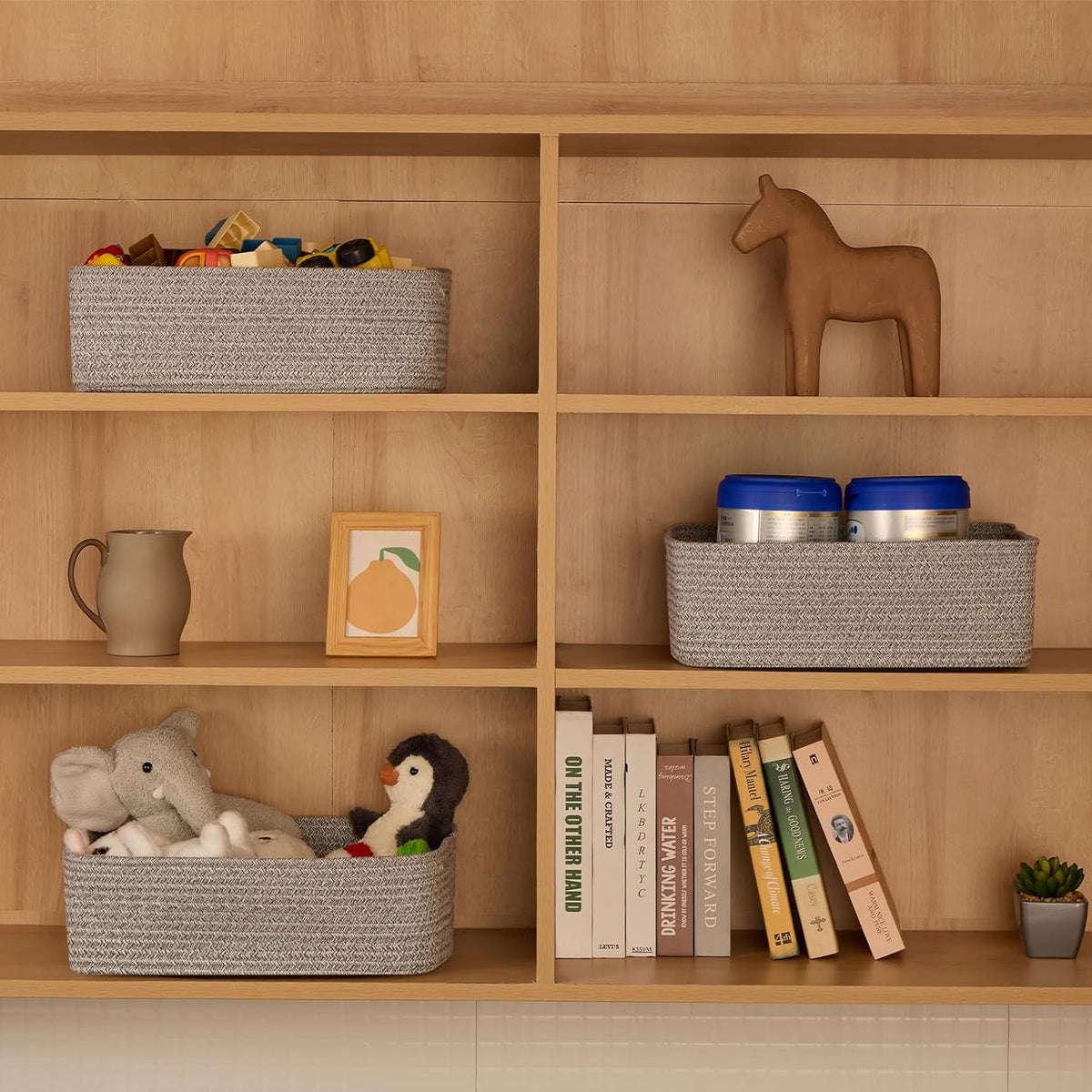 Large Shallow Organizing Baskets 15x11x5.1 Inches - Rope Woven Storage Bins for Bathroom, Shelves