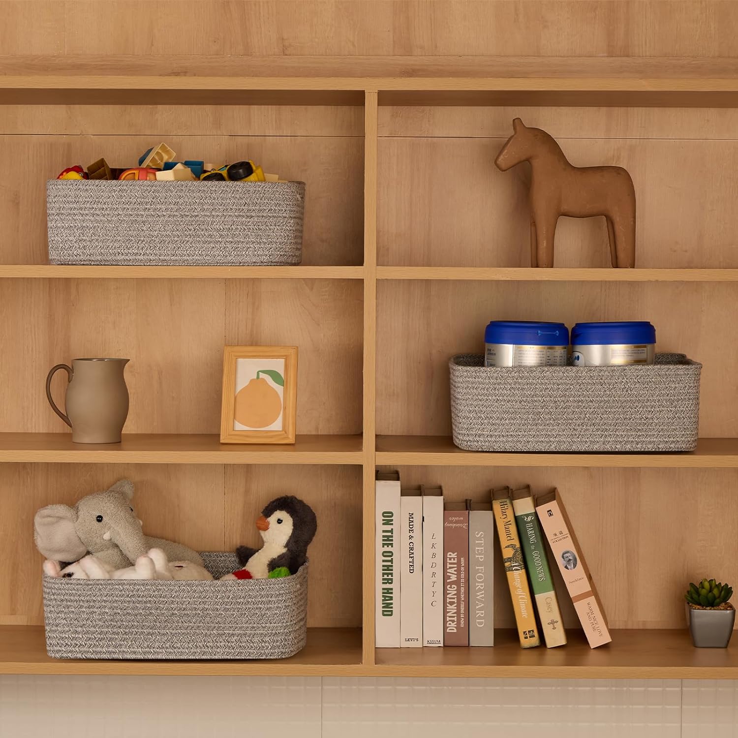 Large Shallow Organizing Baskets 15x11x5.1 Inches - Rope Woven Storage Bins for Bathroom, Shelves