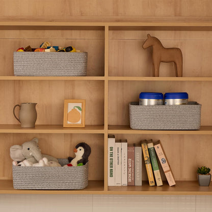 Large Shallow Organizing Baskets 15x11x5.1 Inches - Rope Woven Storage Bins for Bathroom, Shelves