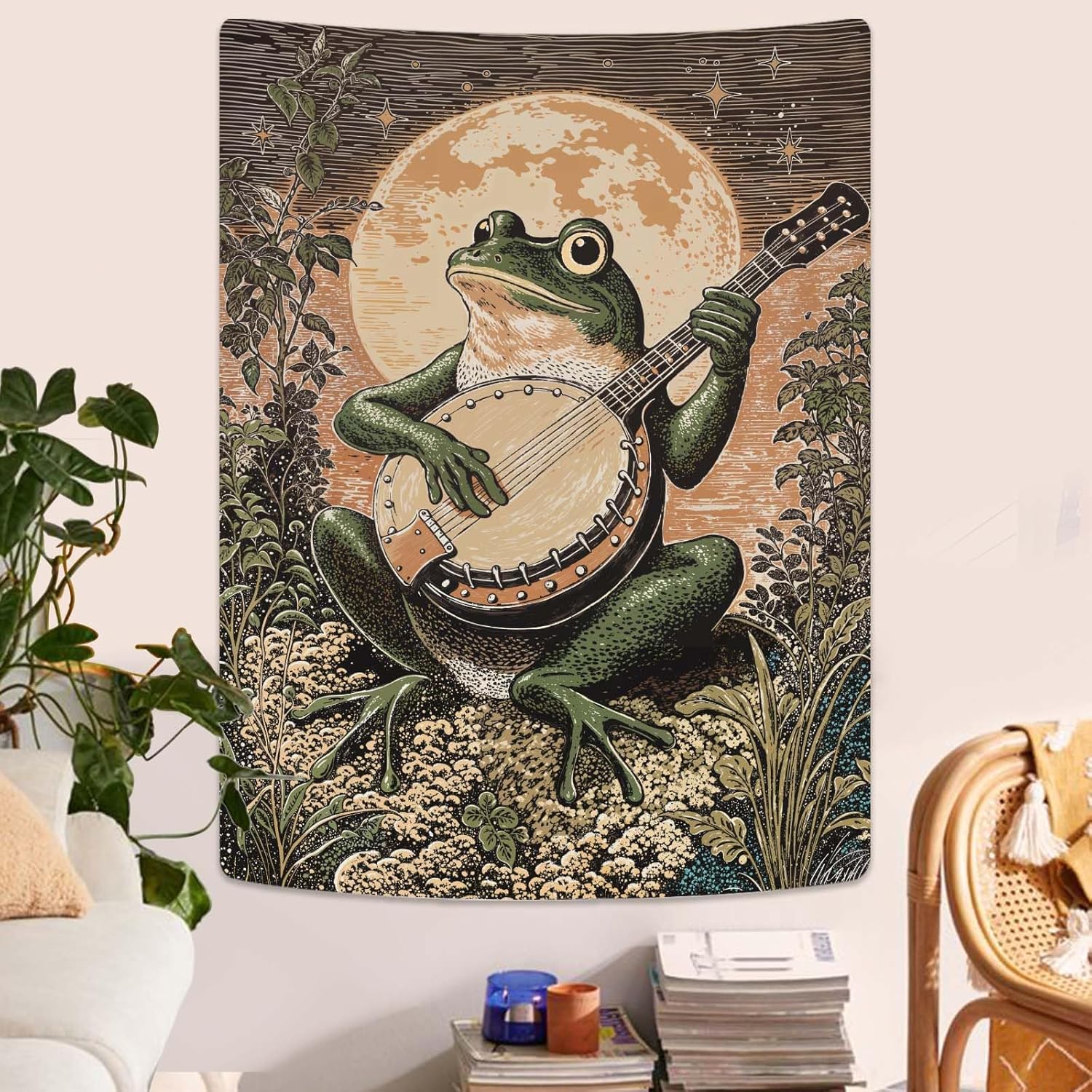 Lunerfex Moonlit Banjo Frog Wall Tapestry, Whimsical Amphibian Musician Tapestries for Room Decor