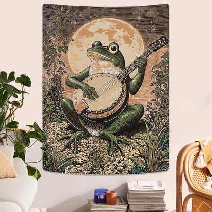 Lunerfex Moonlit Banjo Frog Wall Tapestry, Whimsical Amphibian Musician Tapestries for Room Decor