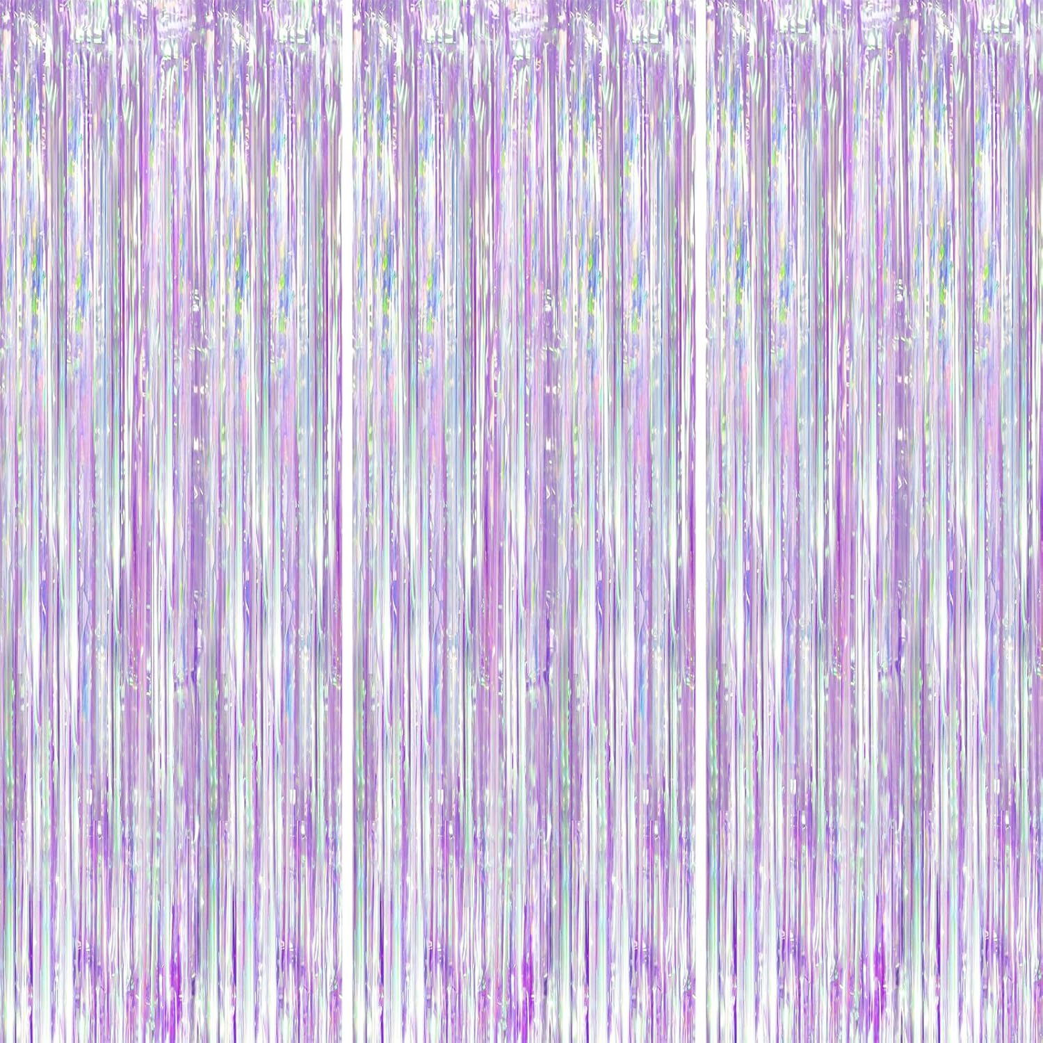 Iridescent Party Backdrop 3Packs, Transparent Tinsel Foil Fringe Curtain Streamers for Girls