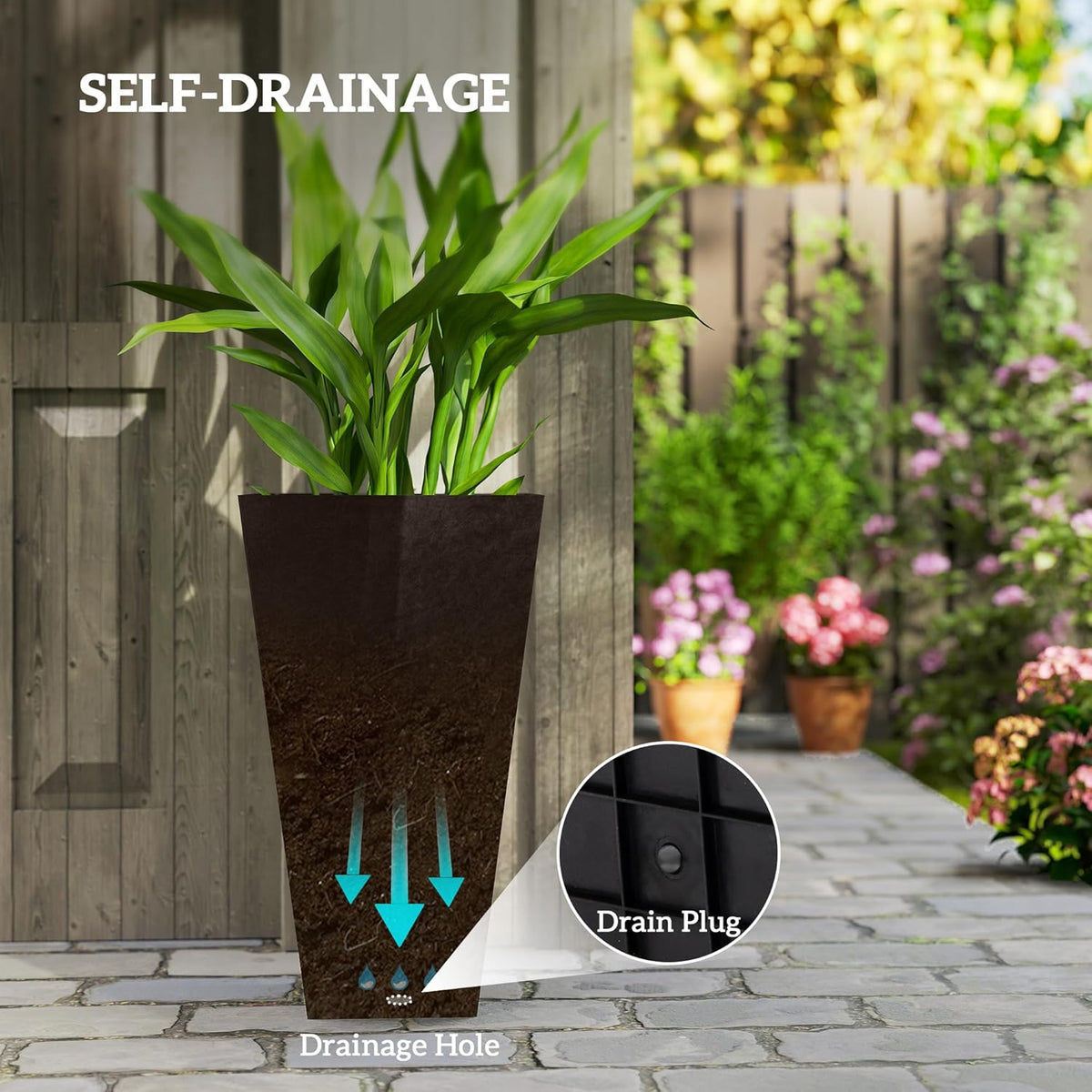 Outsunny Tall Planters for Outdoor Plants Set of 3, 28 in Taper Planters with Drainage Holes