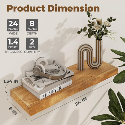 Axeman 24 inch Floating Shelves for Wall - 8'' D Live Edge Rustic Solid Elm Wood Floating Shelves