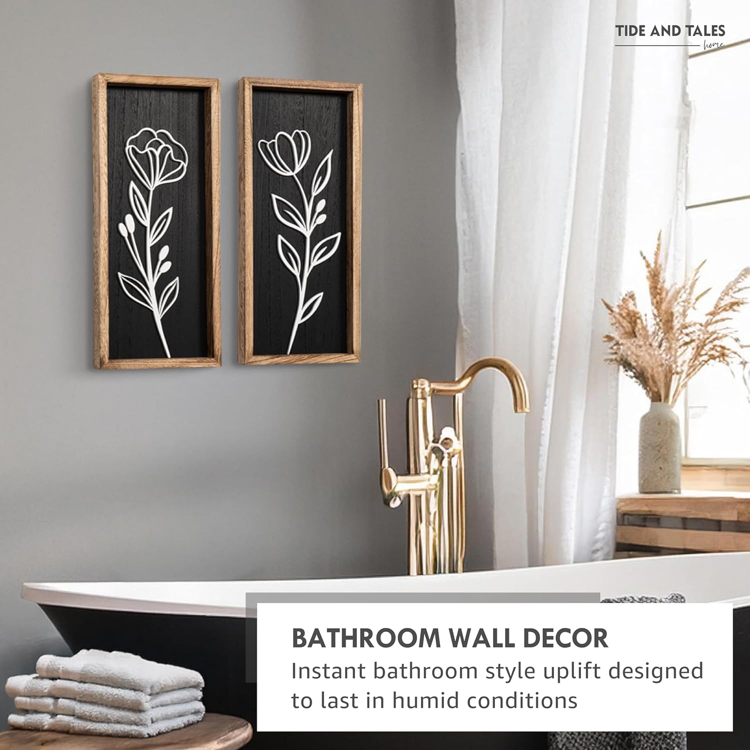 3D Vintage Black Living Room Decor (Set of 2) Lightweight, Wooden Ready-to-Hang Framed Moody Floral