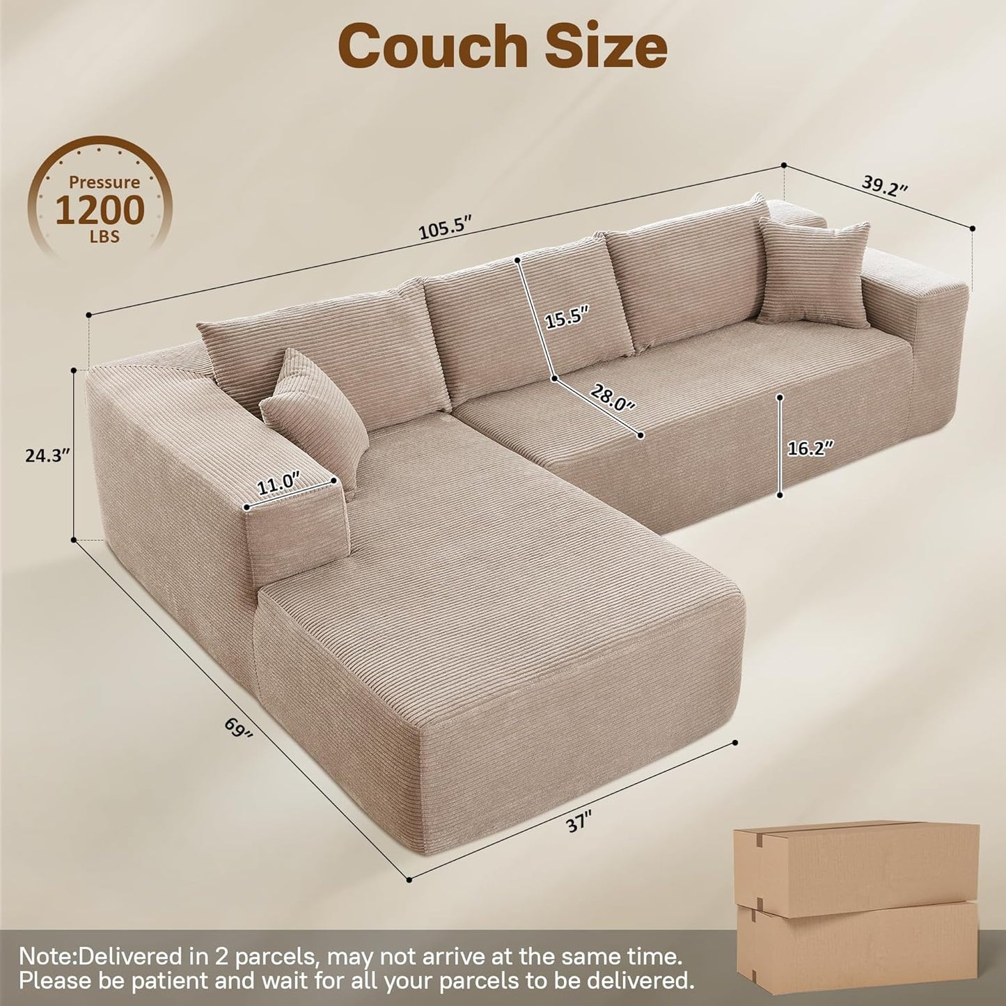 104" Cloud Sectional Couches for Living Room,L Shaped Boneless Couch in A Box,Sleeper Sofa with