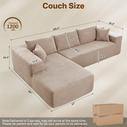 104" Cloud Sectional Couches for Living Room,L Shaped Boneless Couch in A Box,Sleeper Sofa with