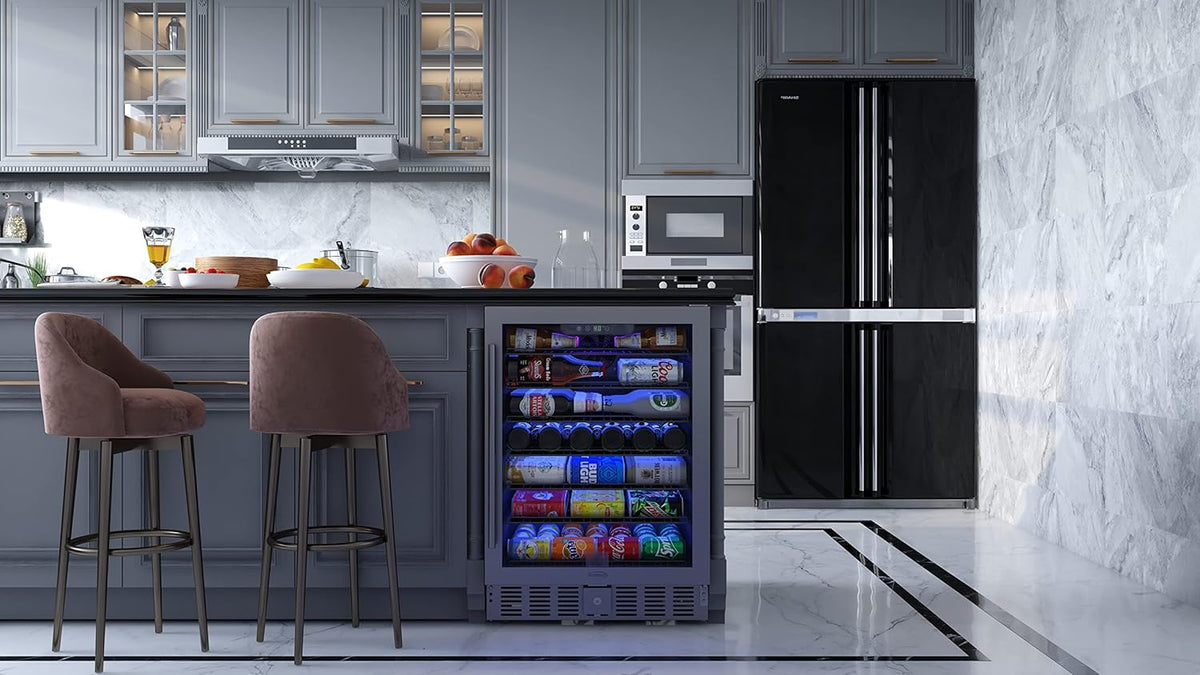 KoolMore 23.4??Inches Small Built-In Glass Door Refrigerator and Beverage Cooler for Soda Cans, 6