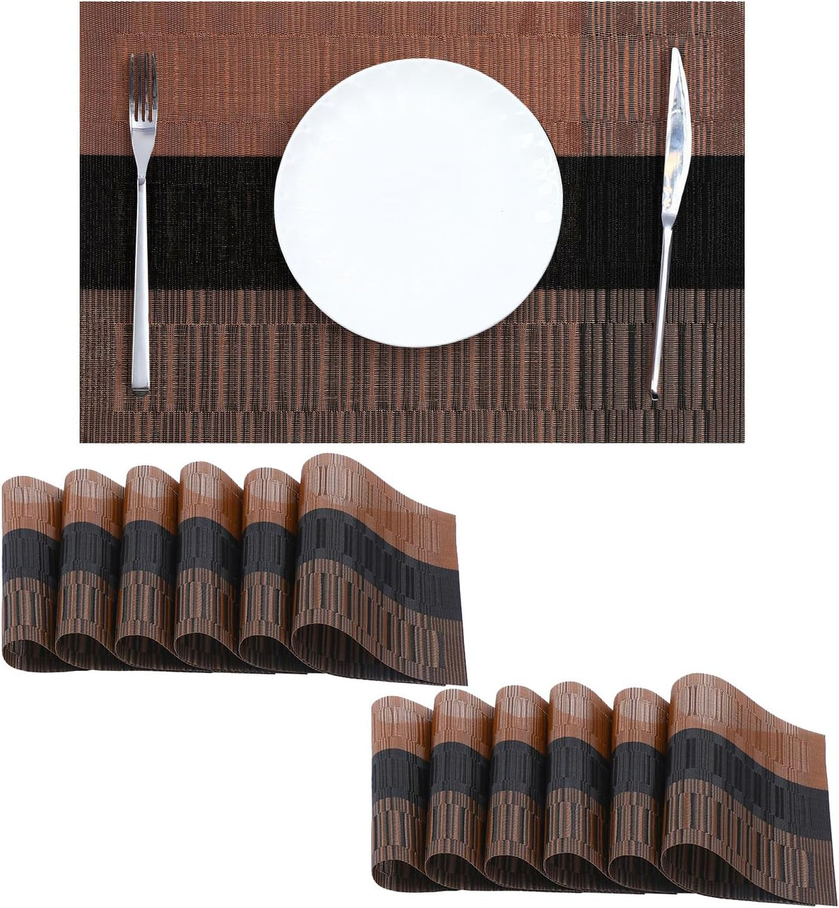 Leetaltree Brown with Black Striped Placemats Set of 12 - Heat Resistant Non-Slip Place mats for