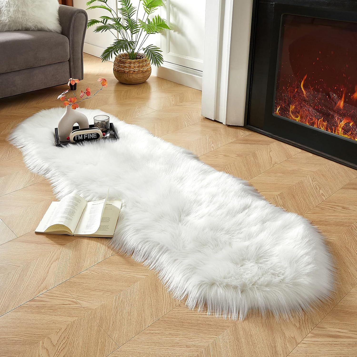 AMTOVO Faux Sheepskin Rug, White Ultra Soft Fluffy Shag Area Rug, 2 x 6 ft Faux Fur Rug for Bedroom