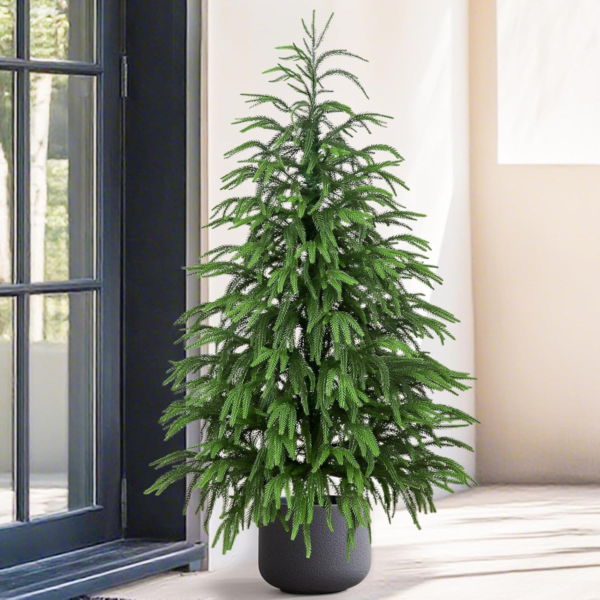 Artificial Norfolk Pine Tree, 4 ft Realistic Christmas Tree, Fake Potted Plants for Front Porch