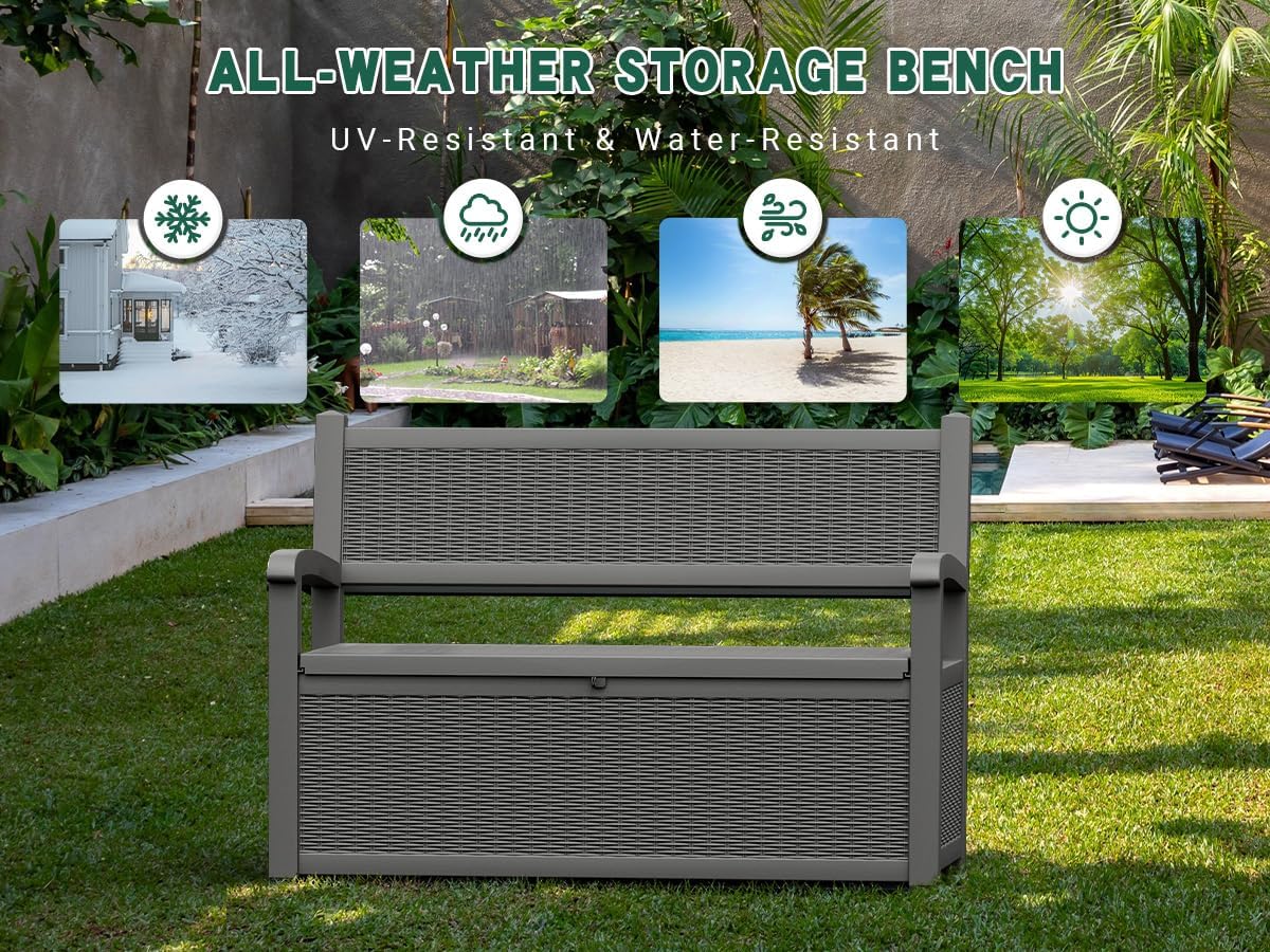 70 Gallon Outdoor Storage Bench Deck Box Lockable for Patio Furniture, Outdoor Porch Bench with