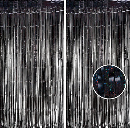 BRAVESHINE Black Halloweens Party Foil Fringe Curtains - 2 Pack Metallic Tinsel Photo Booth