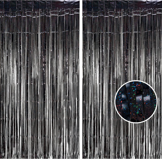 BRAVESHINE Black Halloweens Party Foil Fringe Curtains - 2 Pack Metallic Tinsel Photo Booth
