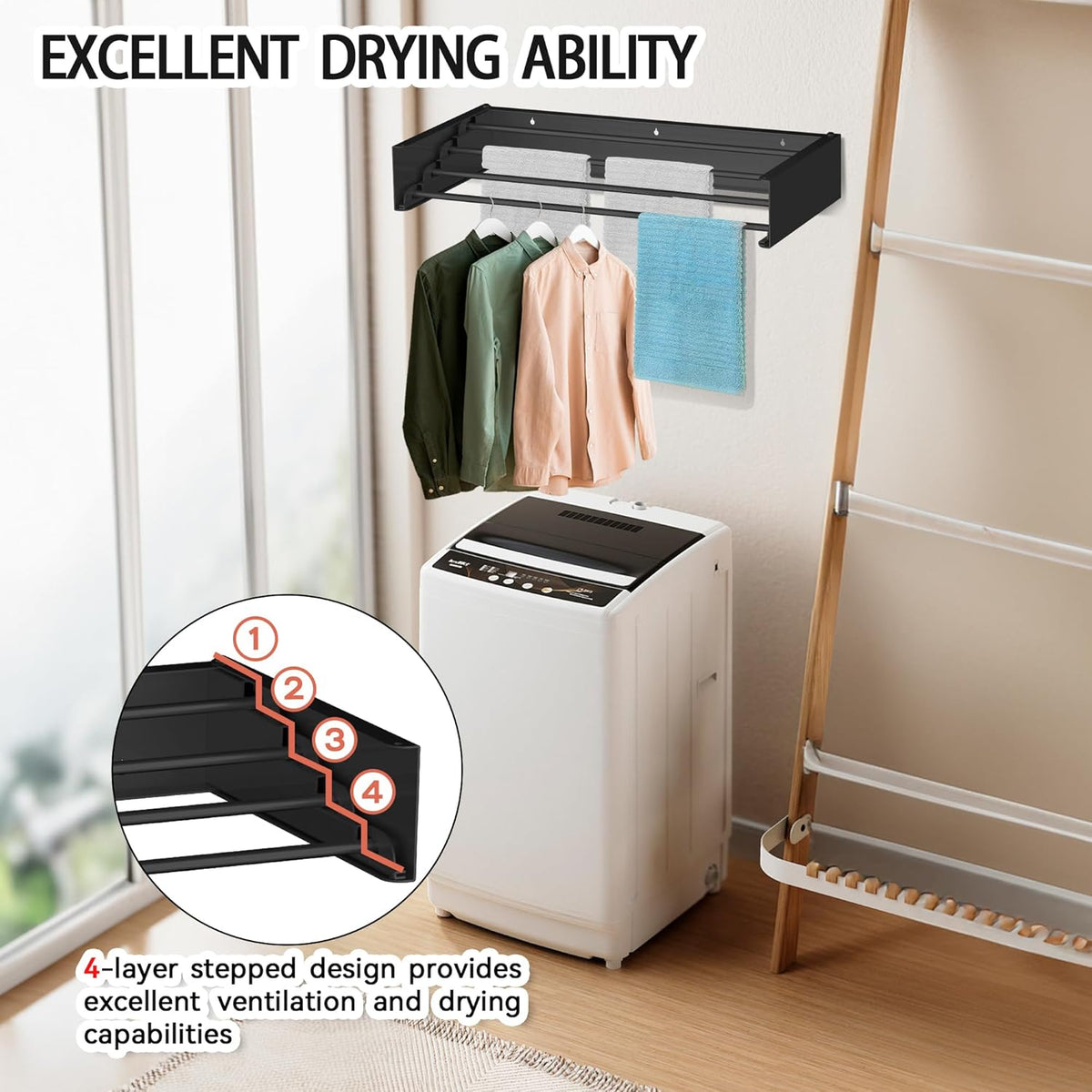 FOCHIER F Laundry Drying Rack Wall Mounted Clothes Drying Rack Collapsible with 5 Aluminum Rods and