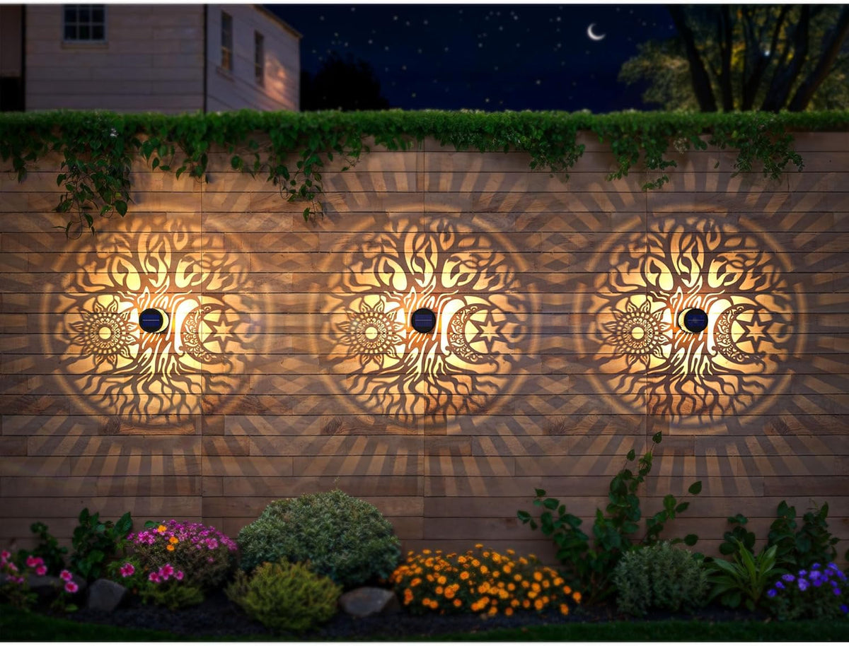 4 Pack Large Solar Fence Lights Metal Solar Powered Outdoor Wall Deck Step Lights Tree Theme