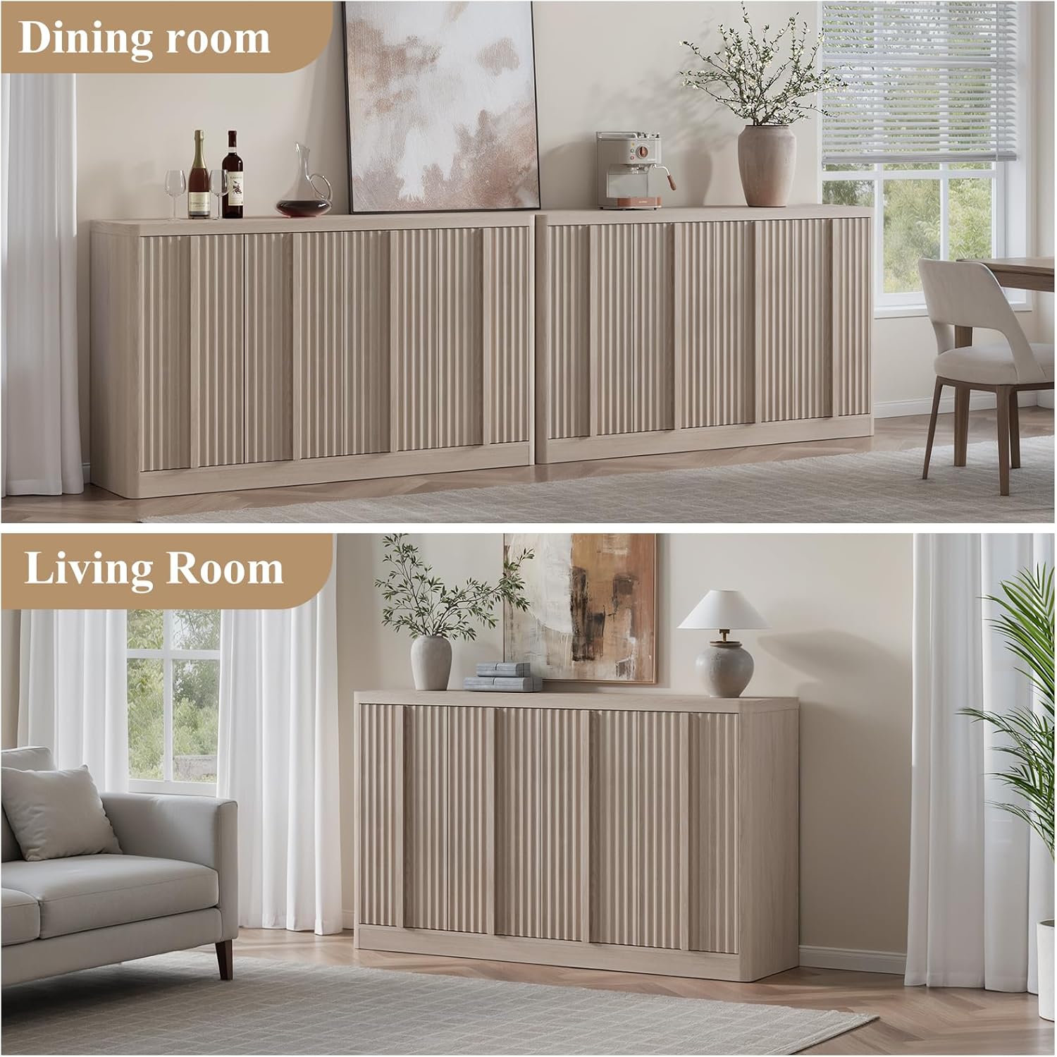 Fluted Buffet Cabinet with Storage, 60" Sideboard Buffet Accent Cabinet with 4 Door & Solid Wood