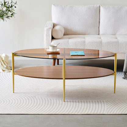 Oval Glass Coffee Table, Mid-Century Modern Design, L43 x W22 x H17 inch, 2-Tier Structure, Olive