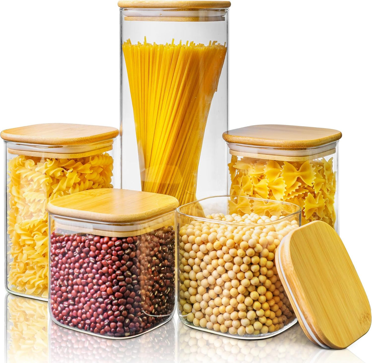 Multi Size - 5 Pack Square Glass Jars with Bamboo Lids, Glass Food Storage Containers with Airtight