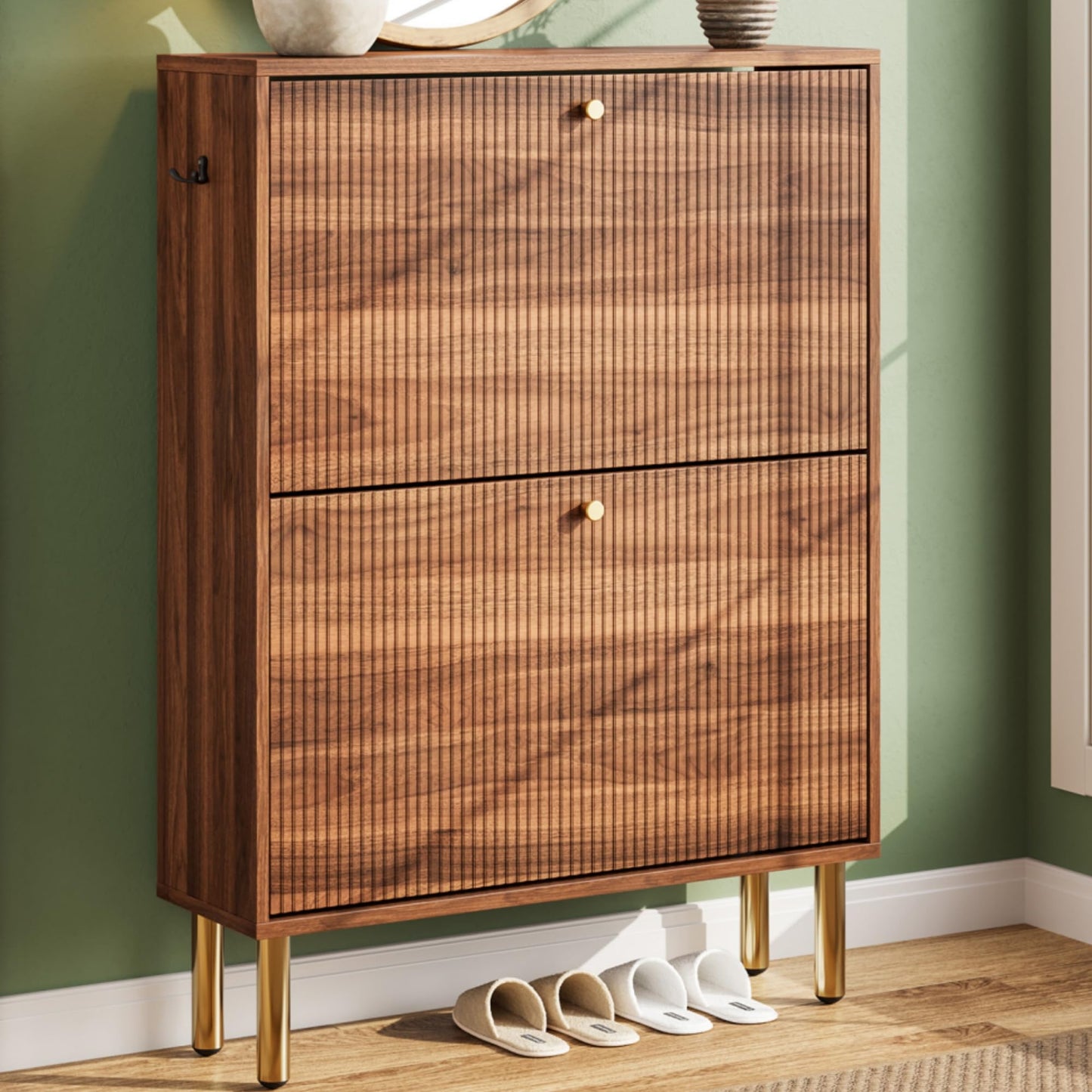 Nicetree Shoe Storage Cabinet for Entryway - 2 Flip Drawers Shoe Cabinet with Tiered Fluted Design