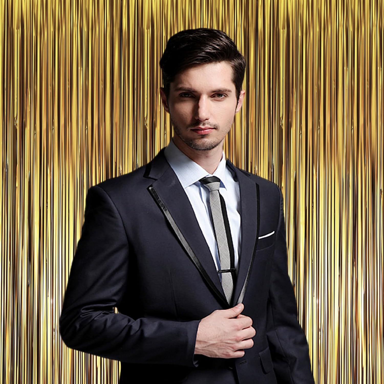 3 Pack 3.3 x 8.2 ft Matte Gold Foil Fringe Backdrop Curtains, Tinsel Streamers Party Decorations