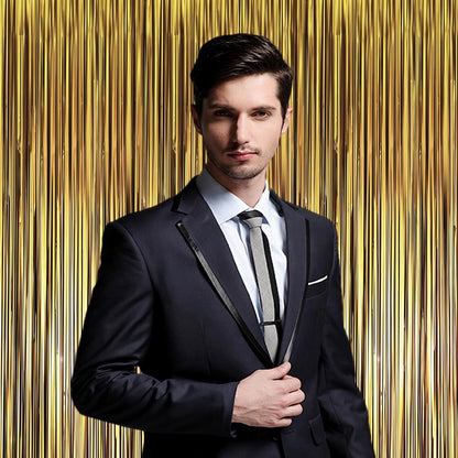 3 Pack 3.3 x 8.2 ft Matte Gold Foil Fringe Backdrop Curtains, Tinsel Streamers Party Decorations