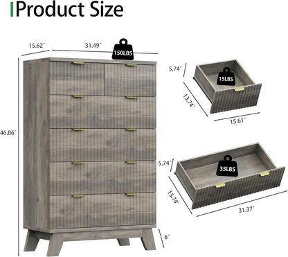 Fluted Dresser for Bedroom with 6 Drawers, 46" Tall Modern Chest of Drawers with Metal Handle
