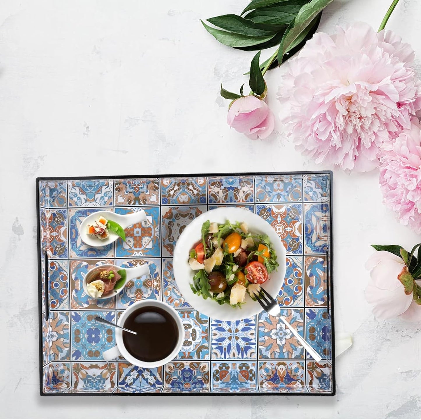 Spsyrine Serving Tray with Handles, Plastic Decorative Tray for Coffee Table, Living Room, Home