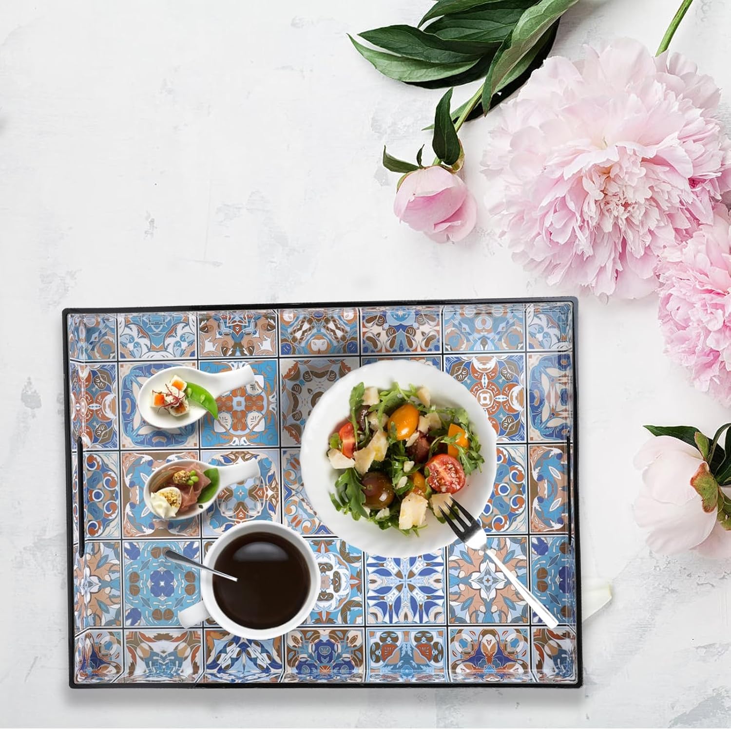 Spsyrine Serving Tray with Handles, Plastic Decorative Tray for Coffee Table, Living Room, Home