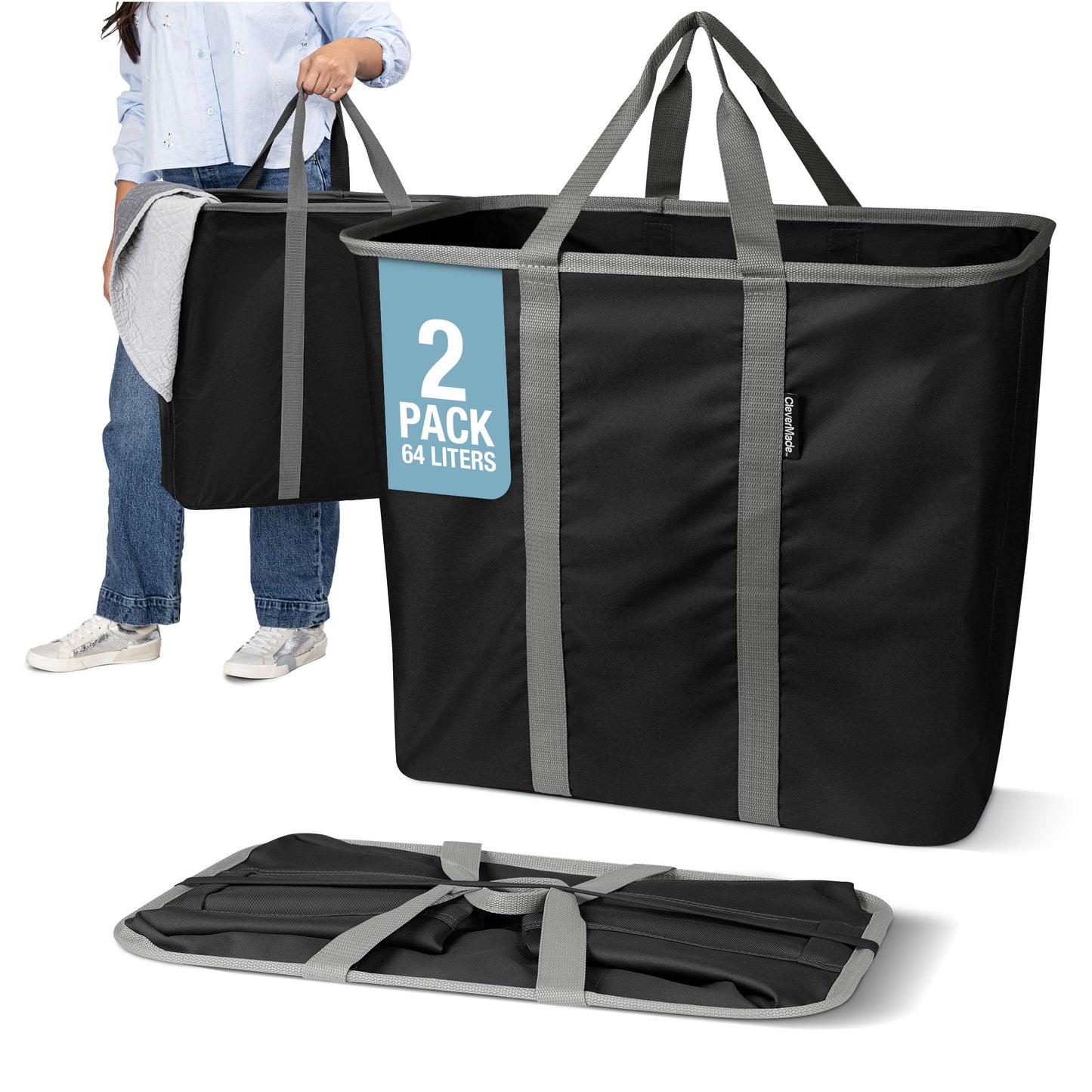 CleverMade Collapsible Laundry Caddy, 64L Pop-Up Hamper, 2 Pack, Black Gray