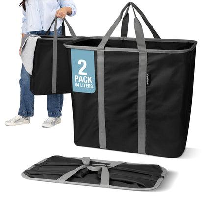 CleverMade Collapsible Laundry Caddy, 64L Pop-Up Hamper, 2 Pack, Black Gray