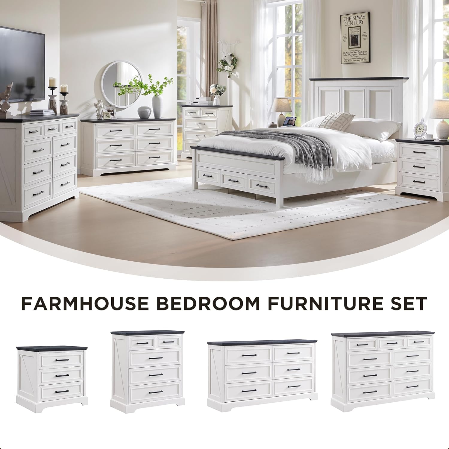 Farmhouse 6 Drawer Dresser for Bedroom, 52 Inch Wide Modern Dresser TV Stand with Large Drawers &