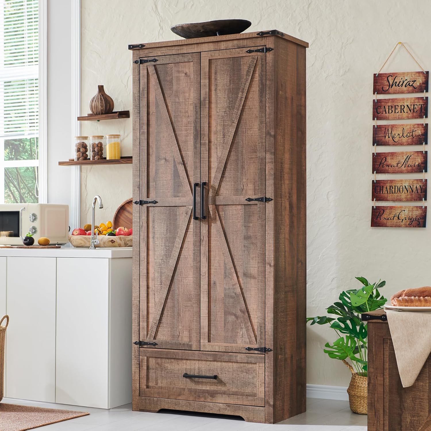 Farmhouse Kitchen Pantry Cabinet - 72" Tall Wood Kitchen Storage Cabinets with Adjustable Shelves &