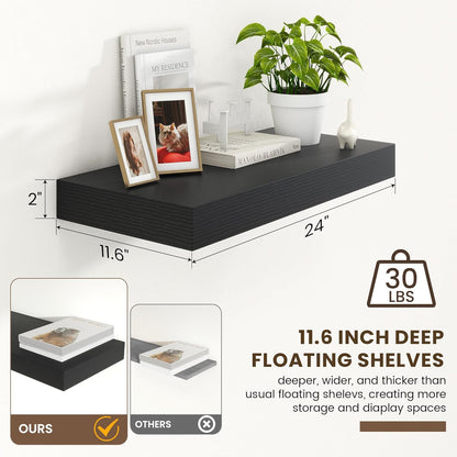 Deep Floating Shelves for Wall | 24 Inch Wide x 12 Inch Deep Black Floating Shelves | 24W x 12D