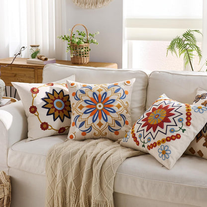 Embroidered Throw Pillow Cover 18x18 Classic Boho Floral Pattern Pillows Cover Outdoor Decorative