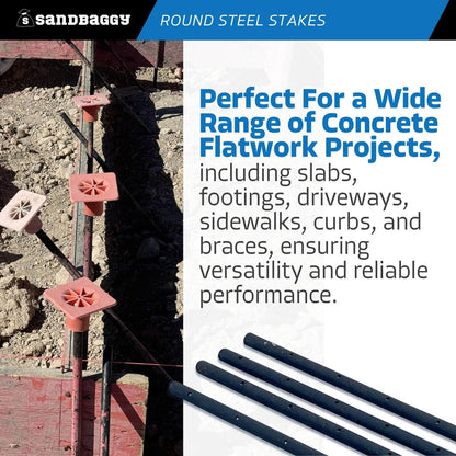Sandbaggy Round Steel Concrete Form Stakes with Nail Holes - Rust Resistant Coating - Removable