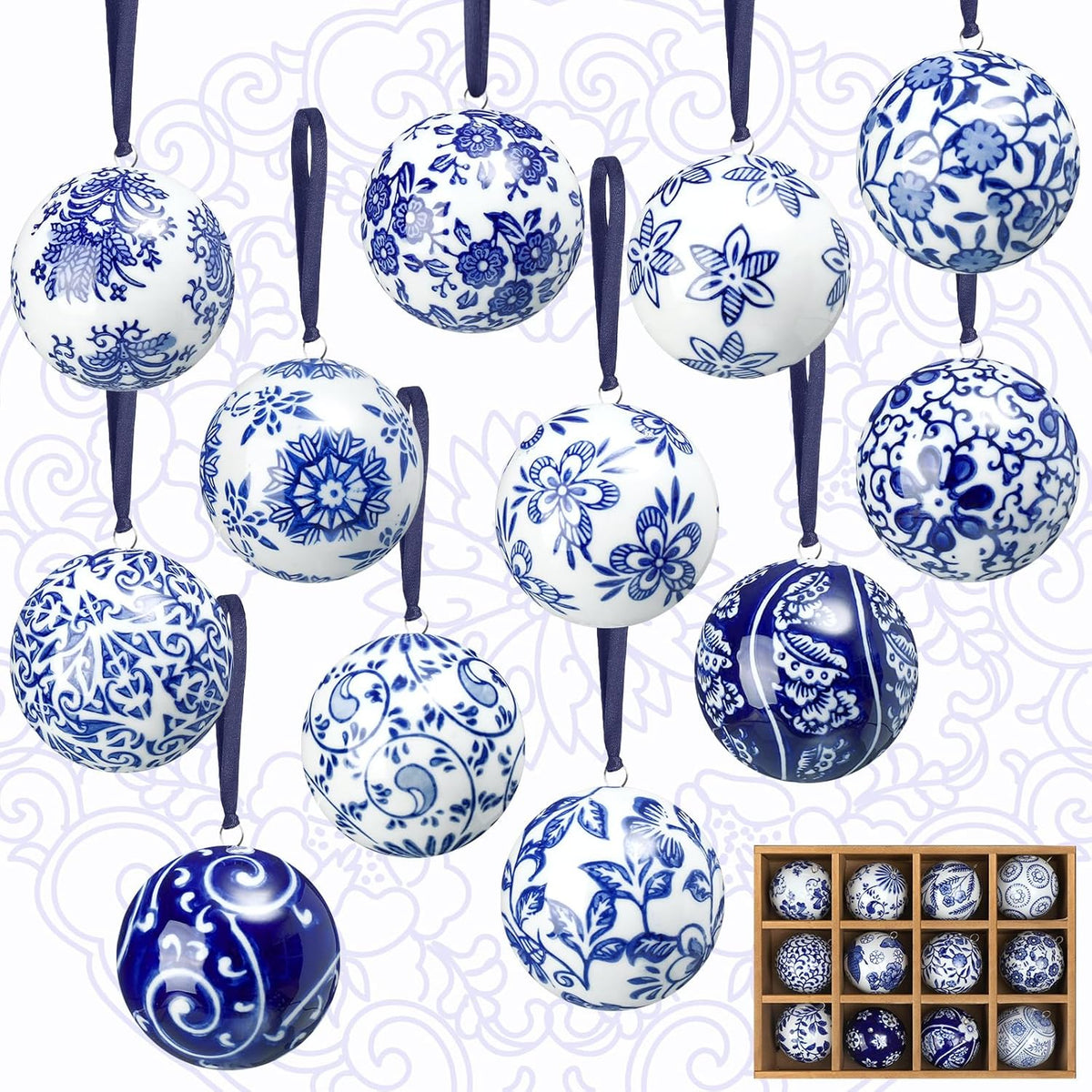 Cindeer 12 Pcs Blue and White Christmas Porcelain Balls 2.4 Inch Porcelain Chinoiserie Ornament