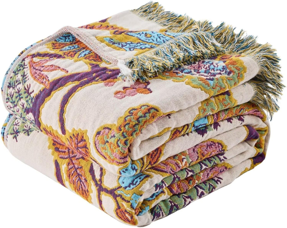 100% Muslin Throw Blanket for Couch, Butterfly and Floral Double Embroidery Fall Throw Blanket