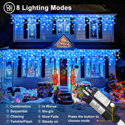 66ft Blue and White Christmas Lights, 640 LED Icicle Lights for Outside House Clear Wire