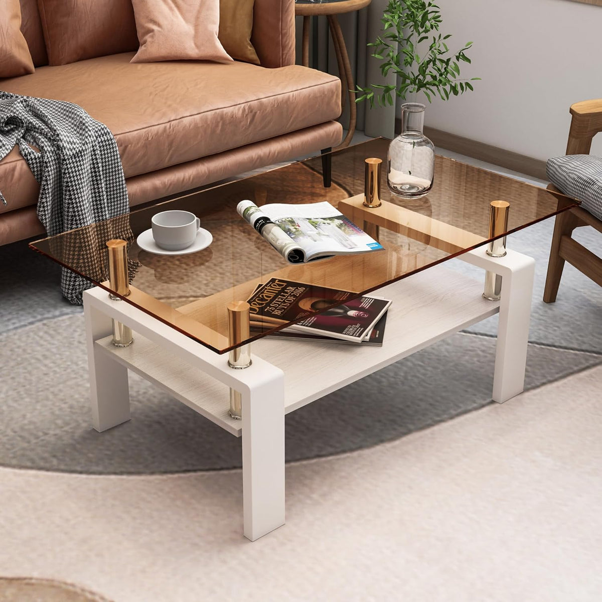 Glass Coffee Table Rectangle Living Room Center Table, with Brown Tempered Glass Tabletop and White