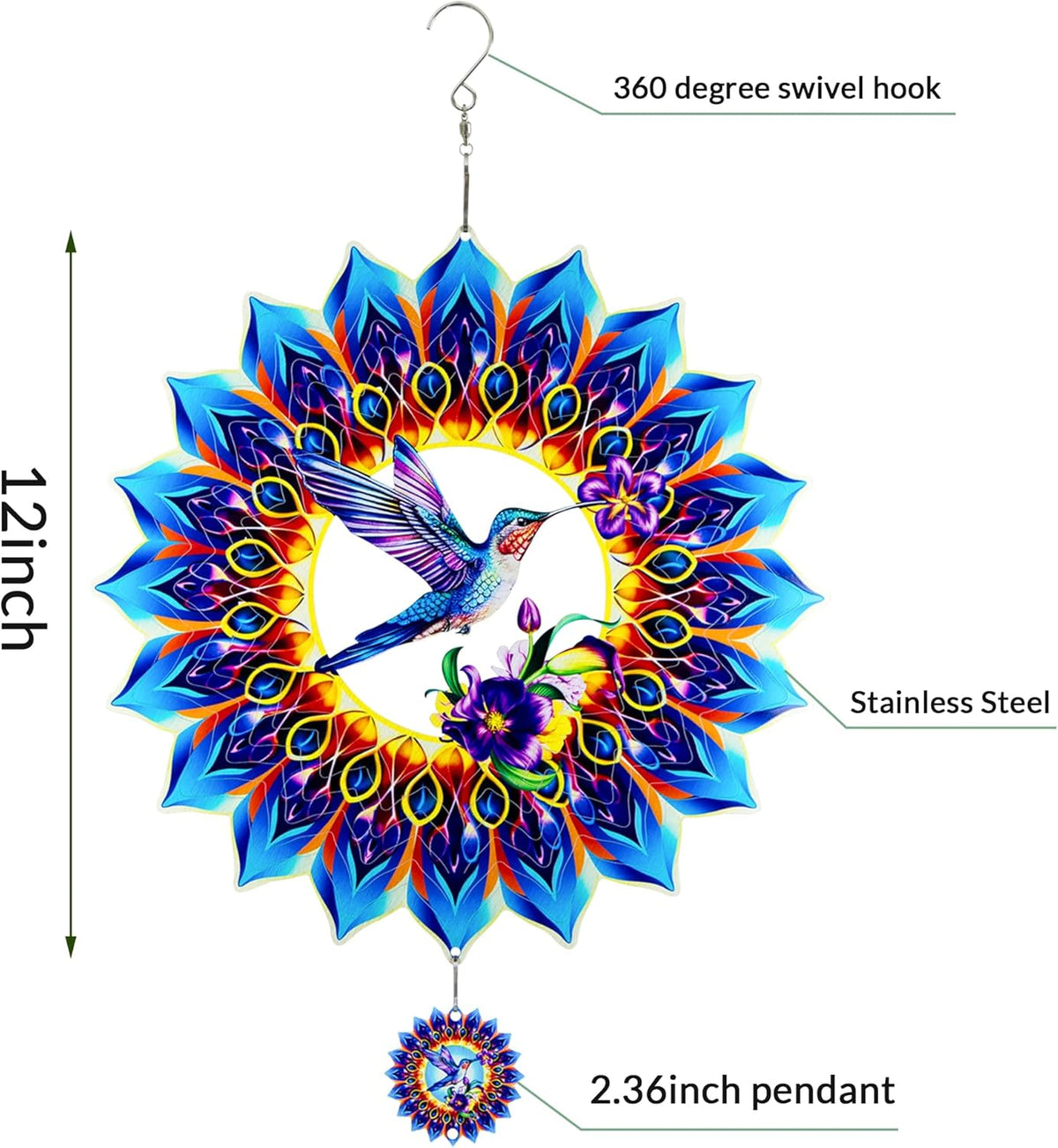 Hummingbird Wind Spinner,Hanging Wind Spinners Outdoor for Garden Decoration，12 inch 3D Stainless