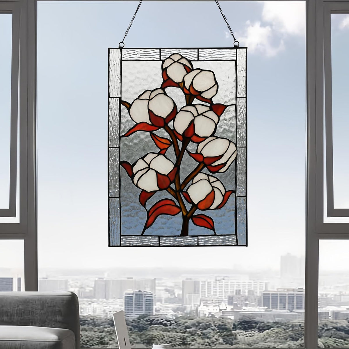YOURANJU Stained Glass Window Hanging 16" H x 11" W Tiffany Style Rectangular Window Panel Suitable