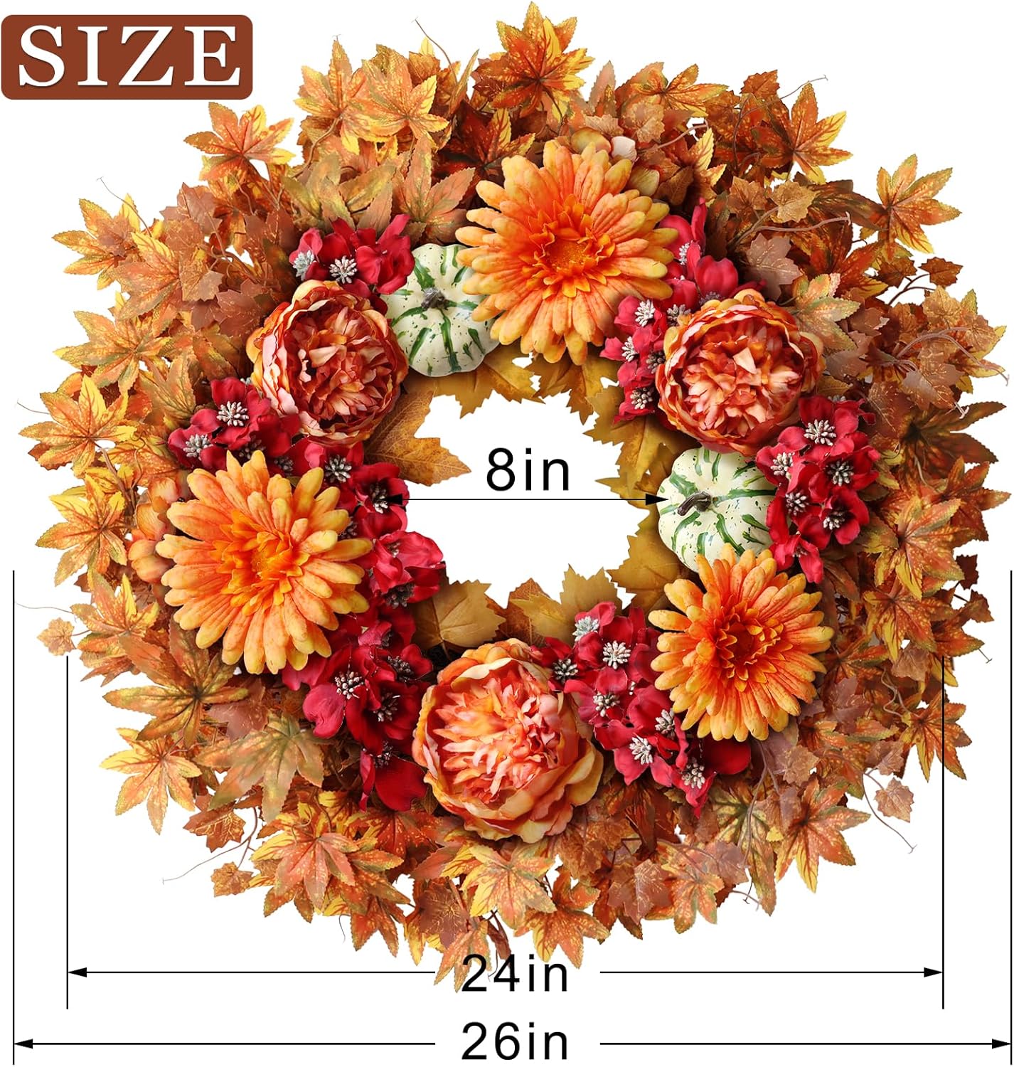 26" Fall Wreath for Front Door - Large Artificial Maple Leaves Fake Silk Peony Faux Pumpkin Outdoor