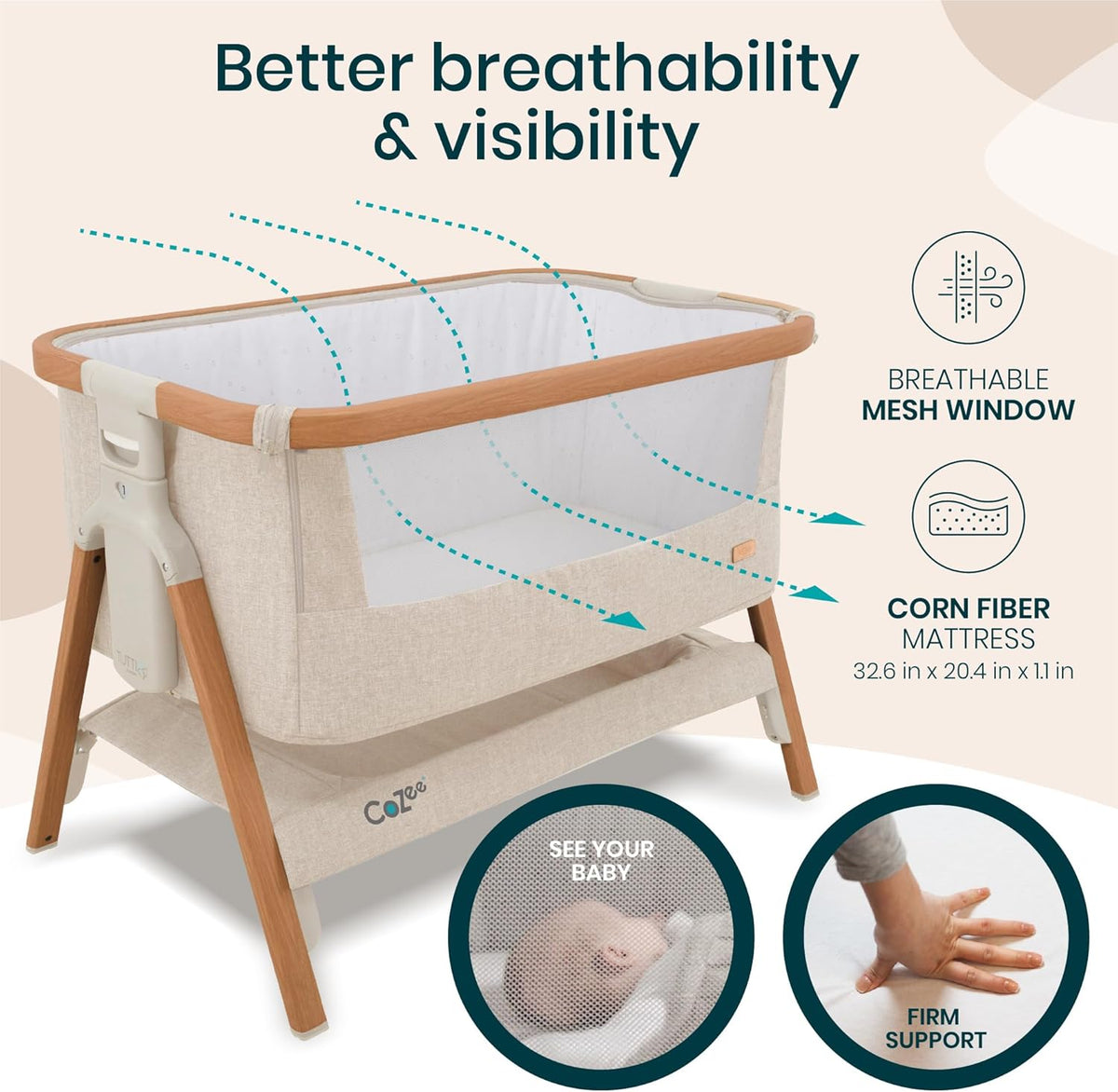 CoZee® 2-in-1 Baby Bassinet & Bedside Sleeper - Fast-Folding Bedside Bassinet, Baby Crib with 6