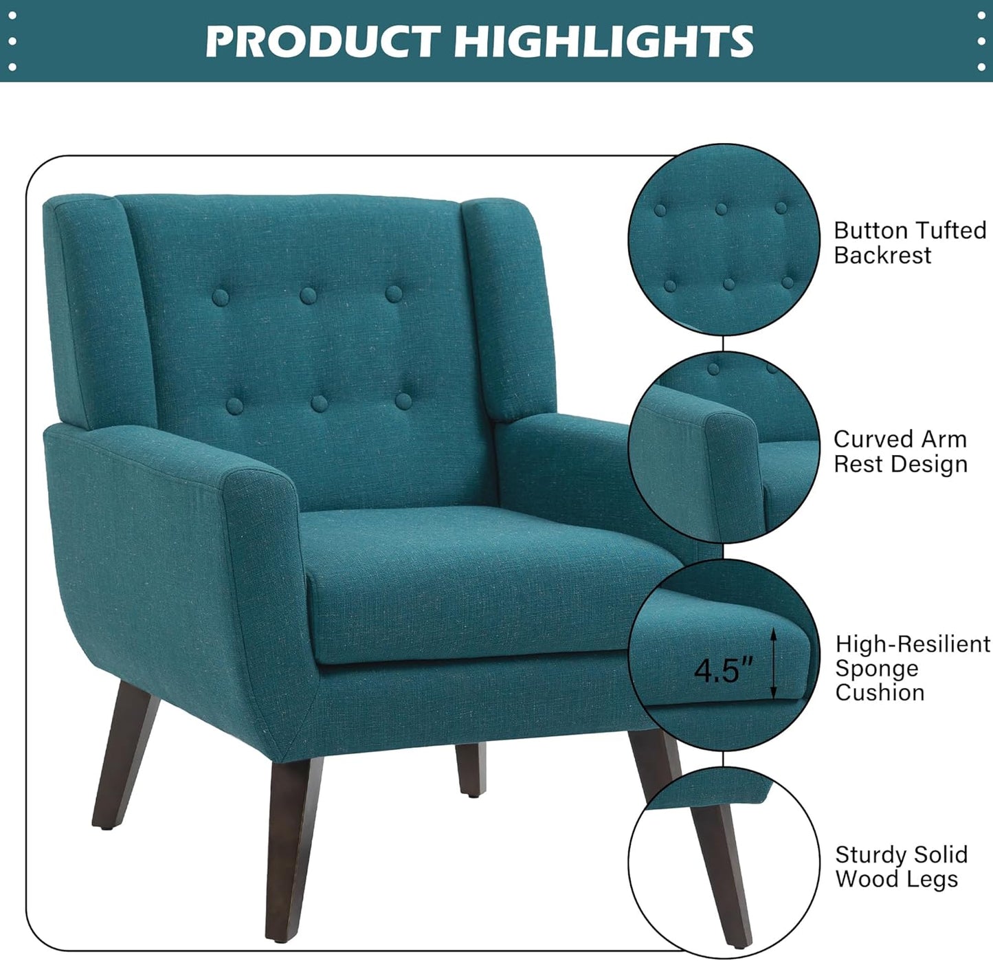 UIXE Accent Chair, Modern Upholstered Armchair in Fabric for Living Room, Comfy Club Arm Chairs