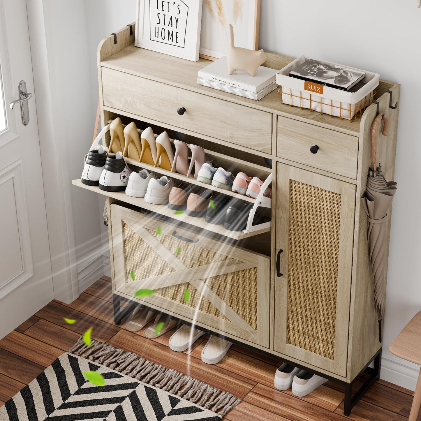 Holiwei Shoe Cabinet Rattan Woven with High Boot Storage, Large Capacity Modern Entryway Organizer